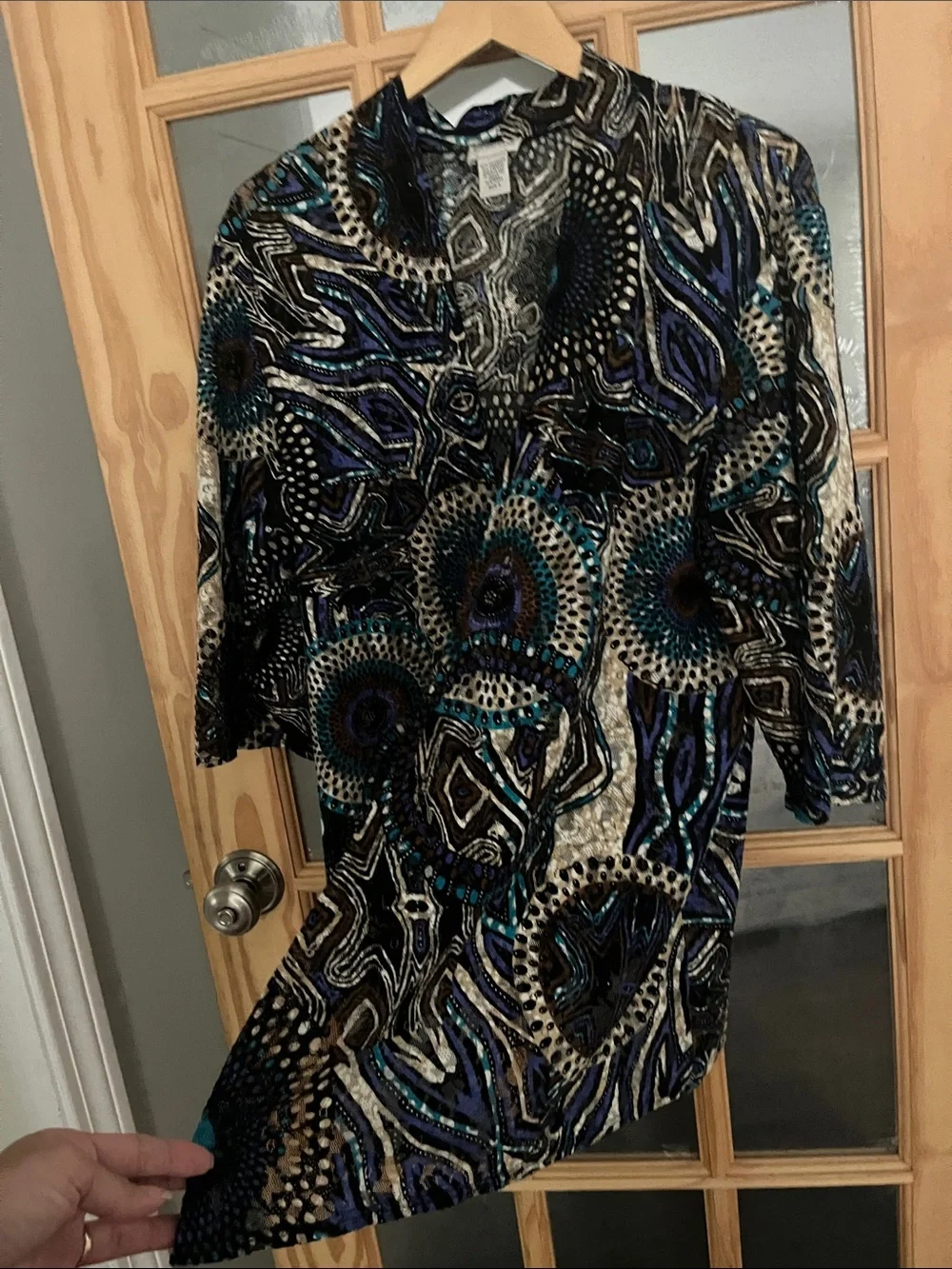 Chico's lace cardigan 3/4 sleeve teal, tan, blue brown abstract print
